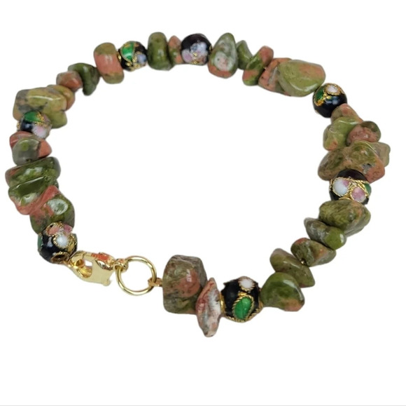 14K Gold Unakite Handpainted Cloisonne Bracelet - Picture 2 of 3